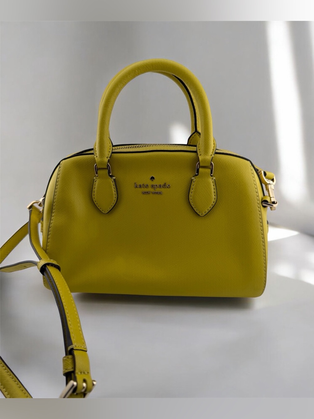 Kate Spade Madison Duffel Crossbody Lime Slice Yellow Saffiano Leather Small